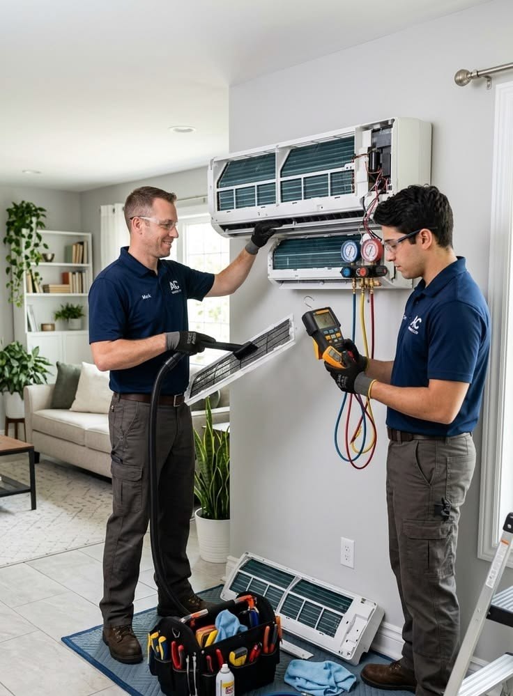 Two technicians maintaining a ductless indoor HVAC unit