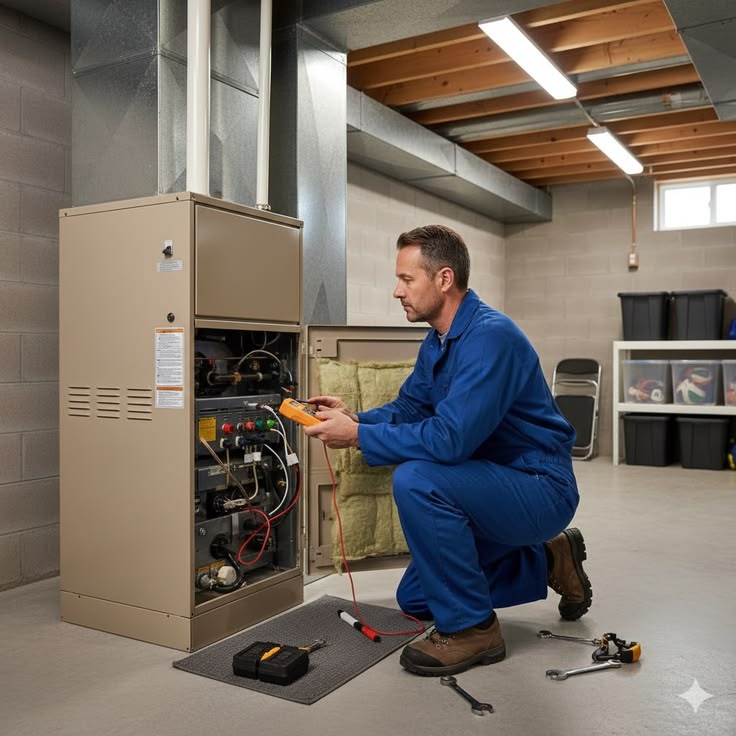 Technician testing a residential furnace during a heating repair