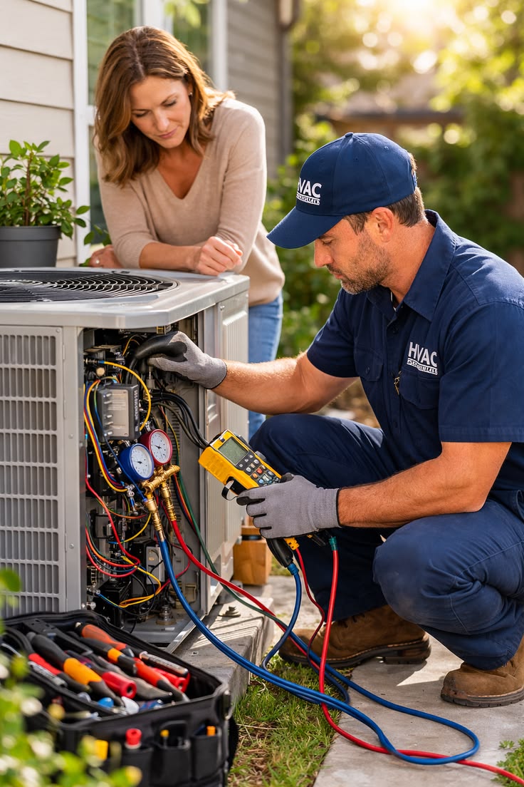 HVAC technician diagnosing a residential air conditioning system with a homeowner