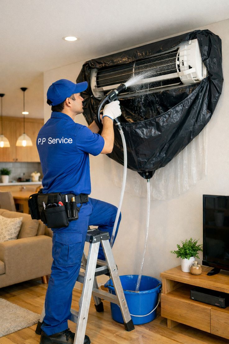 Technician cleaning a ductless mini-split system