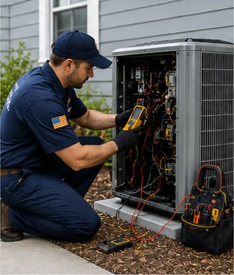 Technician diagnosing a residential outdoor air conditioning unit